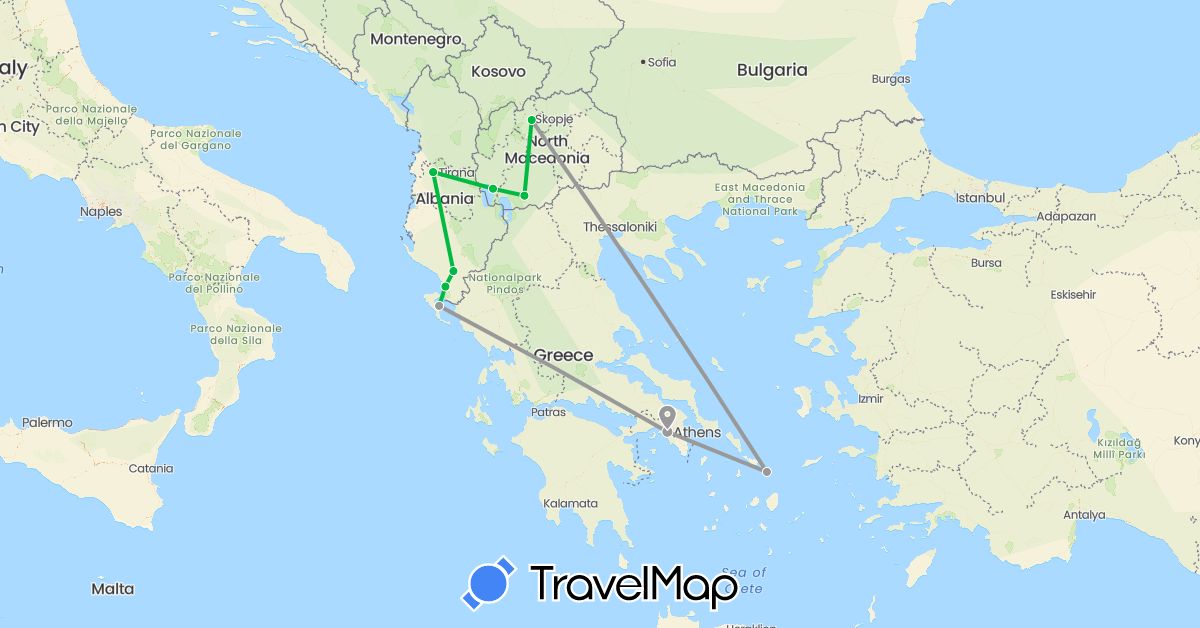 TravelMap itinerary: driving, bus, plane in Albania, Greece, Macedonia (Europe)